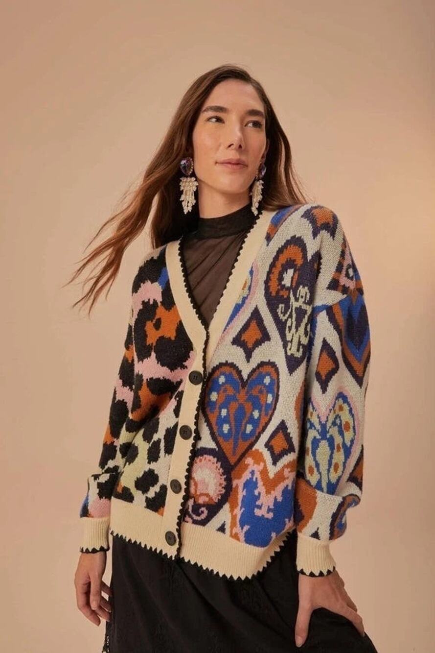 Farm Rio Mixed Ikat Hearts Knit Cardigan Sweater Long Sleeve Size XL NWT